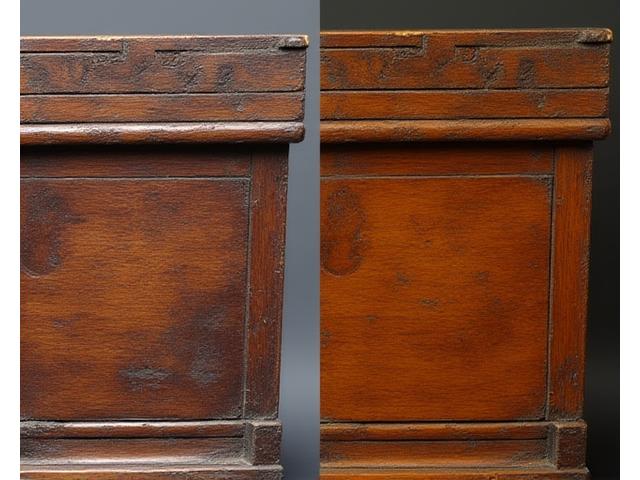 修復前後の古い木製美術品