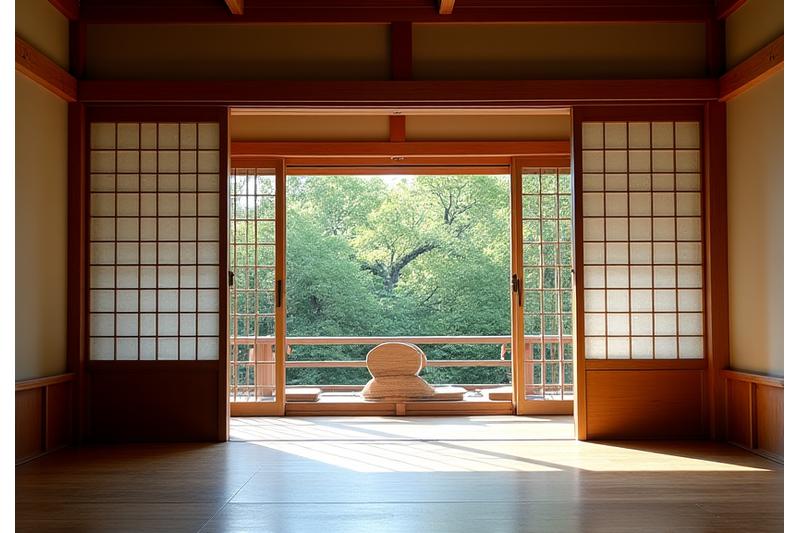 伝統的な日本家屋の書院造の広間、精巧な木製障子と床の間