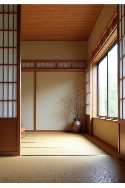 シンプルな美しさの茶室の内部、木目が美しい壁と窓