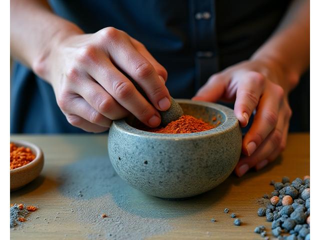 天然顔料を石臼で丁寧に挽いている様子