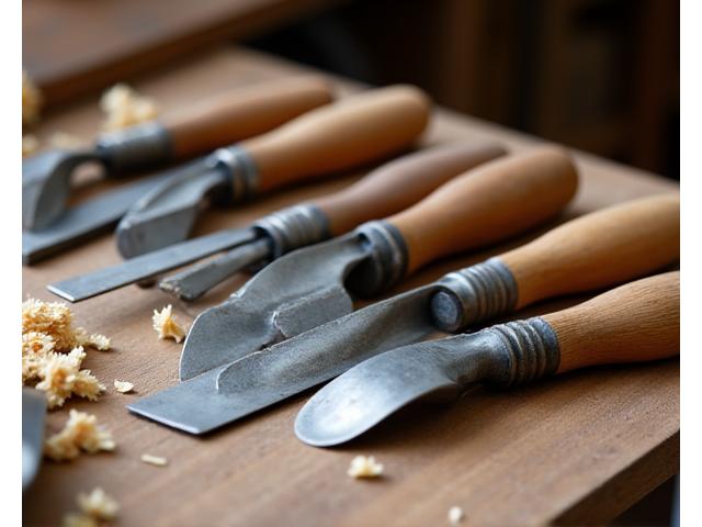 伝統的な木工道具が整然と並べられた工房の作業台