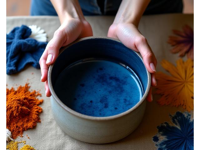 草木染めの顔料を調合する様子、鮮やかな色合い