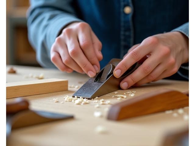 伝統的な木工道具を使い、木材を加工する参加者の手